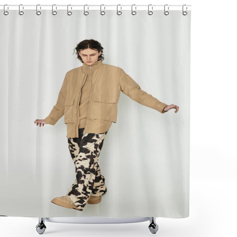 Personality  Stylish Young Man Walks Confidently In A Trendy Outfit Featuring Neutral Colors And Bold Patterns. Shower Curtains