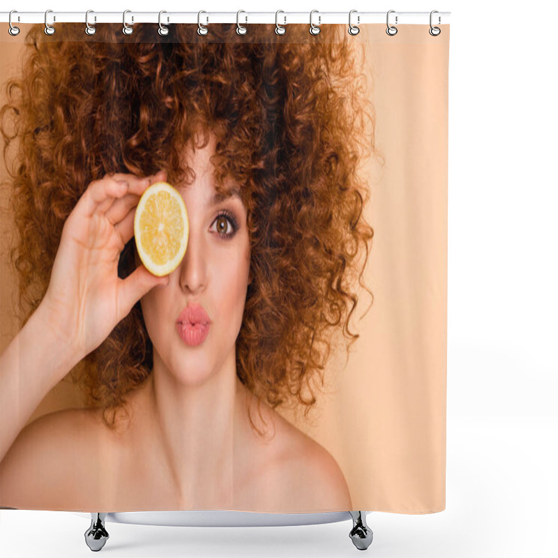 Personality  Close Up Photo Beautiful Funky She Her Wear No Clothes Lady Hold Hide Eye Behind Slice Lime Lemon Carefree Send Air Kisses Stylist Curls Perms Roller Curlers Tint Isolated Beige Pastel Background Shower Curtains