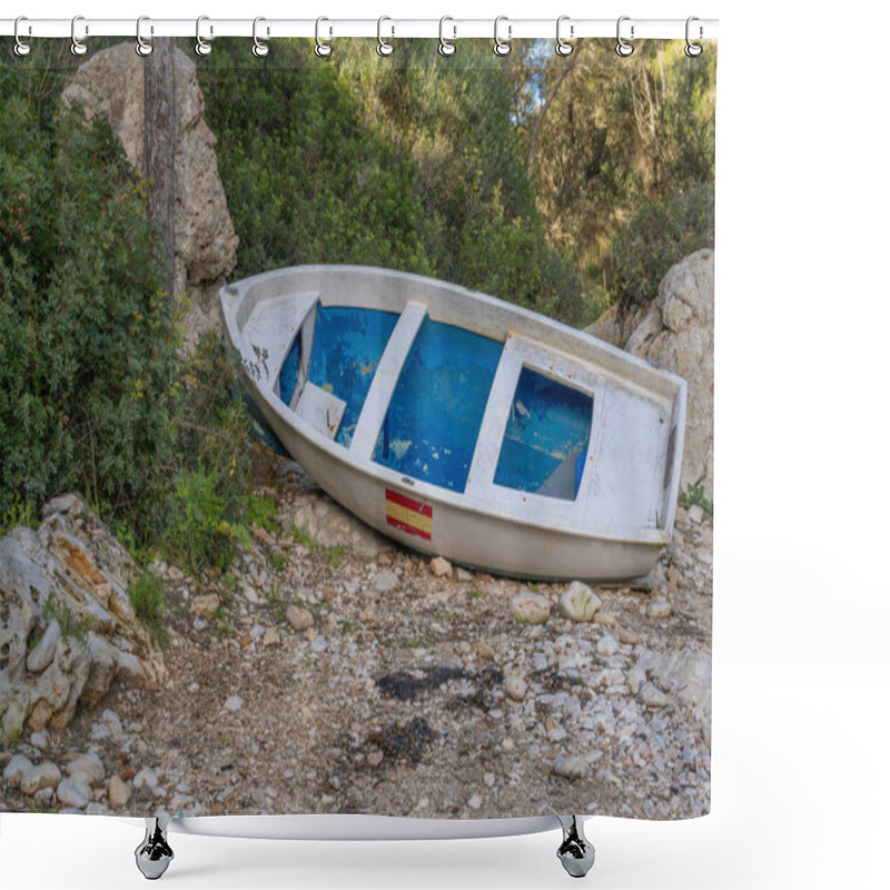 Personality  Recreational Boat Stranded In A Rocky Cove On The Island Of Mallorca, Spain. Image Of The Low Tourist Occupancy In Winter On The Island Of Mallorca Shower Curtains