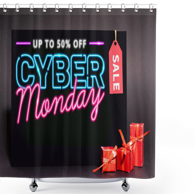 Personality  Placard With Up To 50 Percent Off, Cyber Monday Lettering And Sale Tag Near Presents On Dark Background Shower Curtains