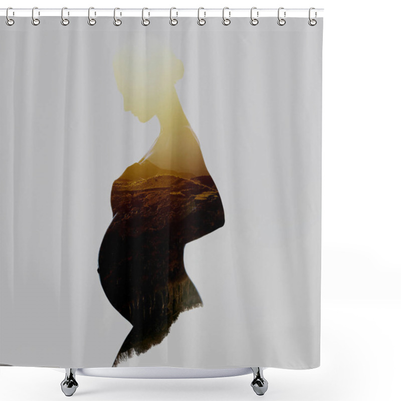 Personality  Beautiful Silhouette Of Pregnant Woman Combined With A Mountains Shower Curtains