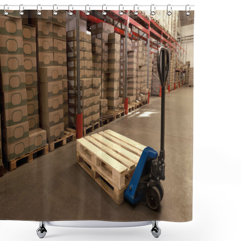 Personality  Modern Manual Forklift With Wooden Pallets In Warehouse Shower Curtains