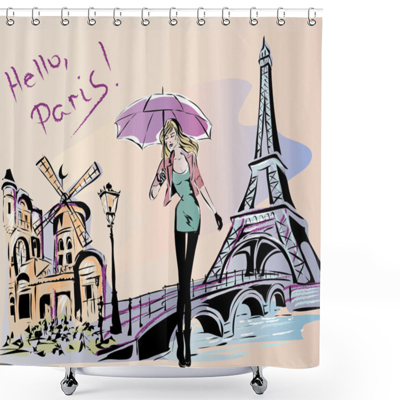 Personality  Fashion Girl Rainy Day In Paris Shower Curtains