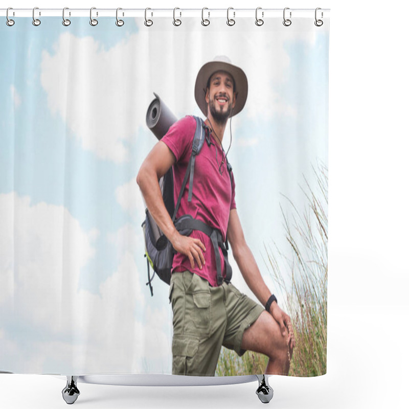 Personality  Smiling Hiker In Hat With Backpack And Tourist Mat Shower Curtains