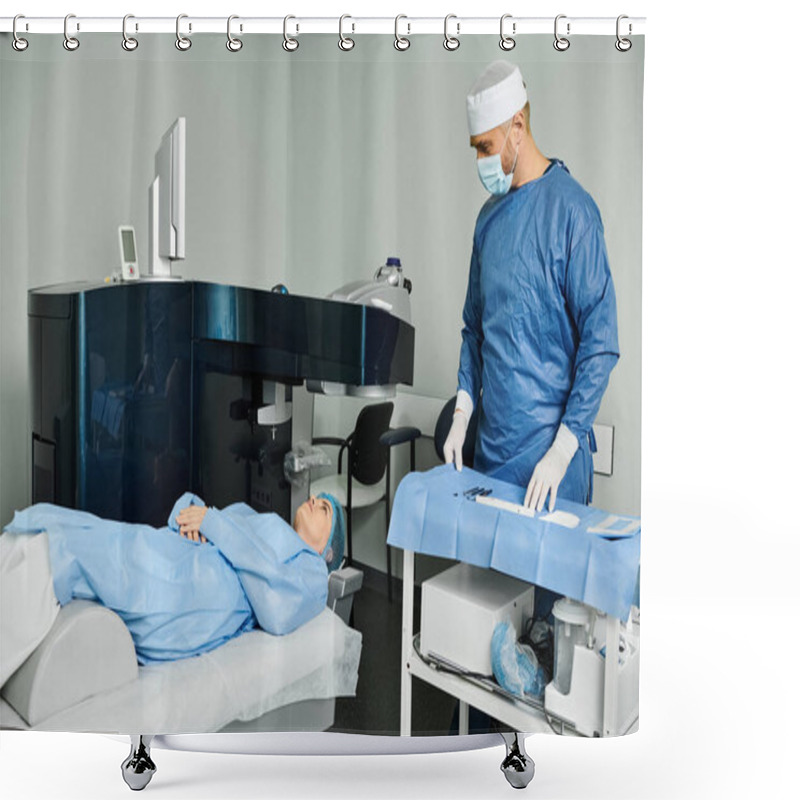 Personality  A Caring Man In Scrubs Stands By A Hospital Bed. Shower Curtains