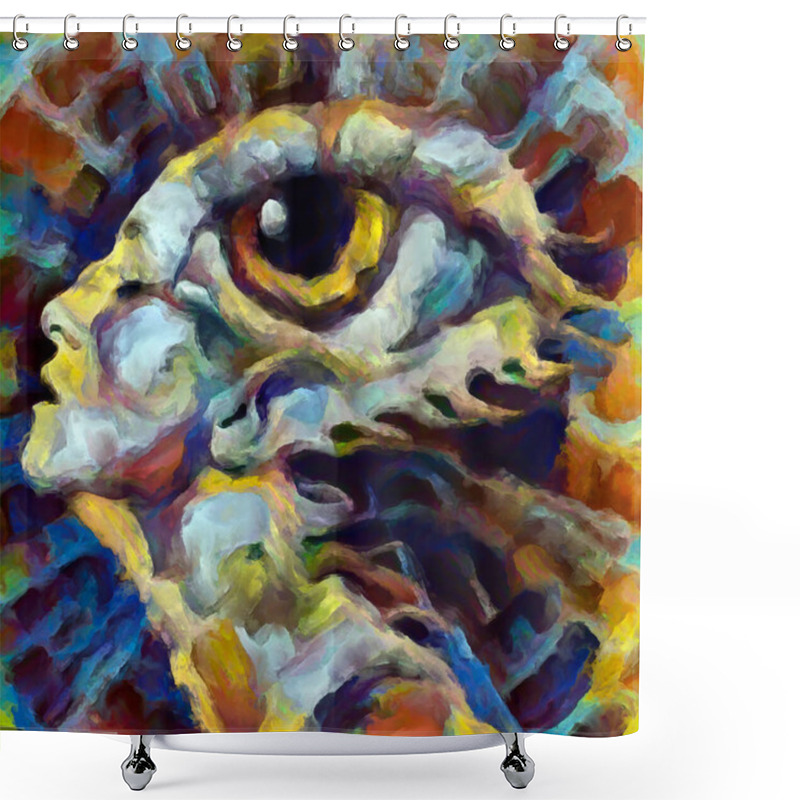 Personality  Inner Vision Series. Woman's Face And Abstract Eye Design Composition On Subject Of Religion, Human Mind, Mysticism, Psychology, Inner World, Creativity, Self-expression And Art. Shower Curtains