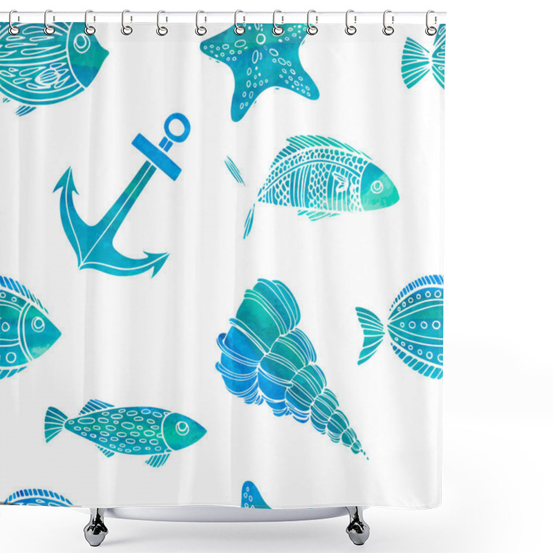 Personality  Nautical Theme: Fish, Shells, Anchor. Shower Curtains