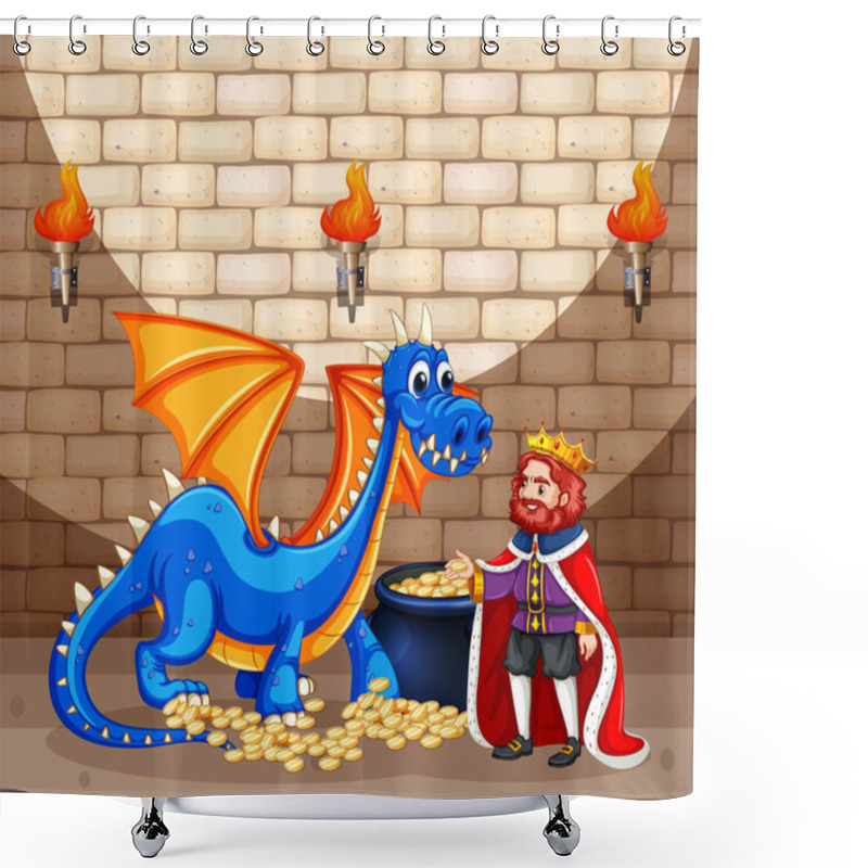 Personality  King And Blue Dragon With Gold Coins Shower Curtains