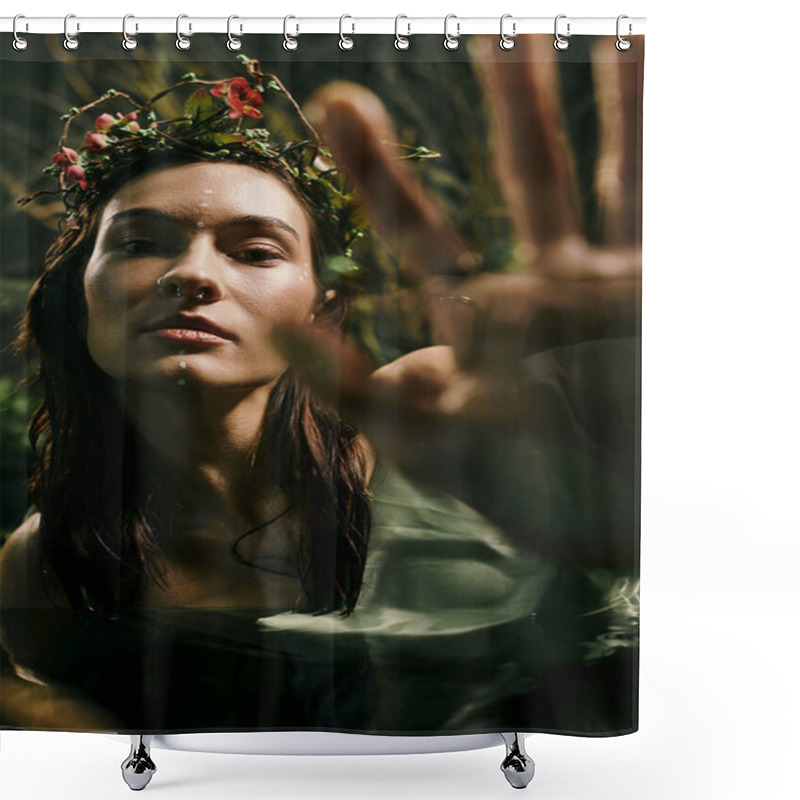 Personality  A Woman With A Floral Crown Poses Near A Swamp, Her Gaze Fixed On The Viewer. Shower Curtains