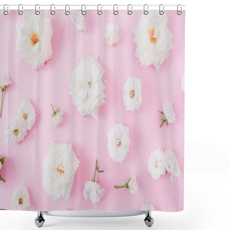 Personality  Floral Composition Made From White Flowers On Pink Background. Flat Lay, Top View. Valentines Day Background Shower Curtains