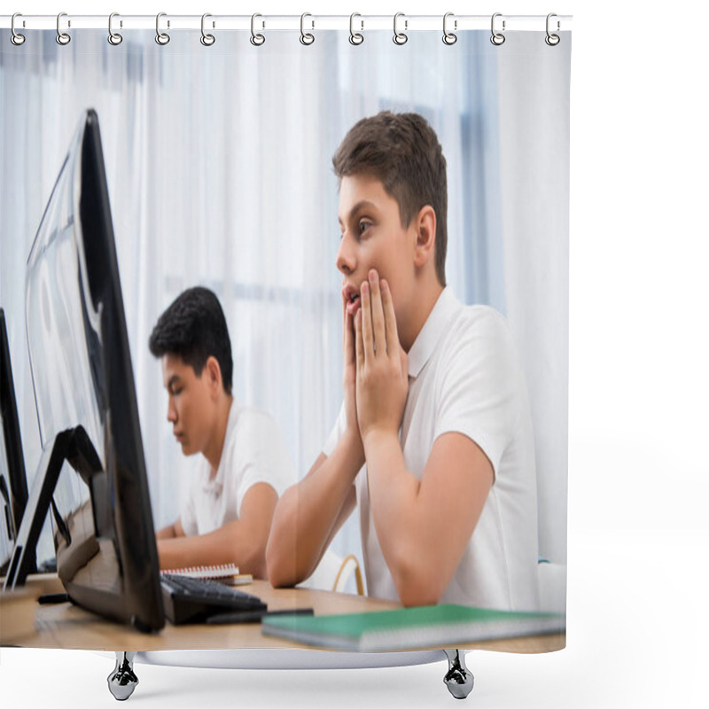 Personality  Young Tired Teenager Boys Studying On Computers Shower Curtains