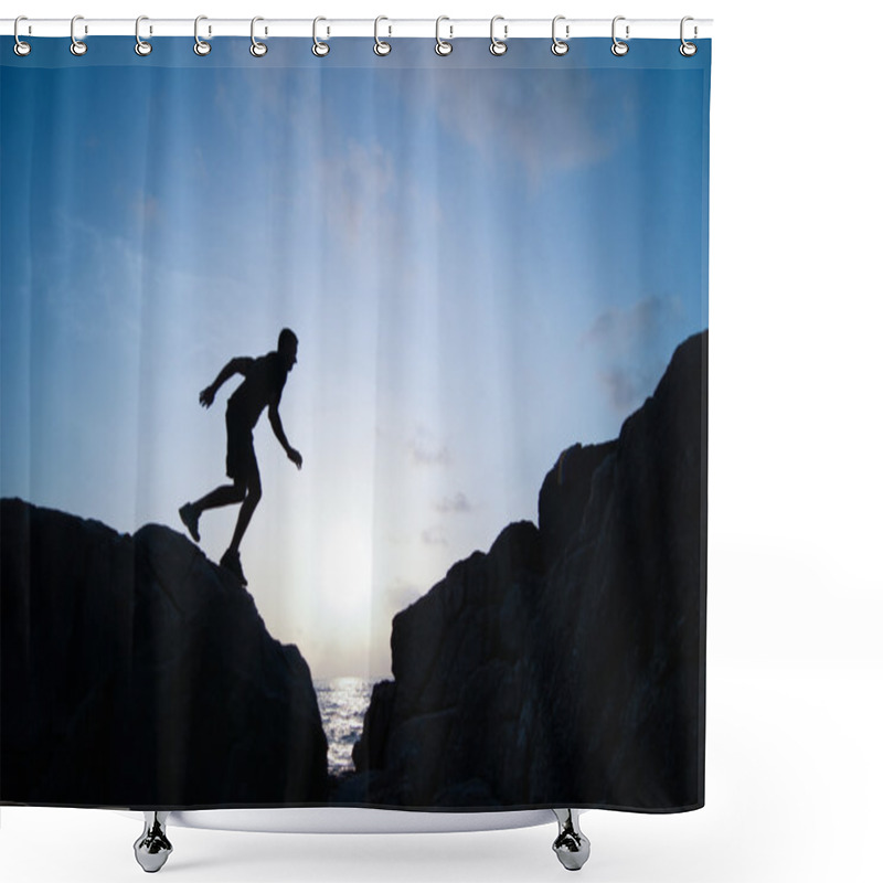 Personality  The Jumping Man On Rocks Shower Curtains