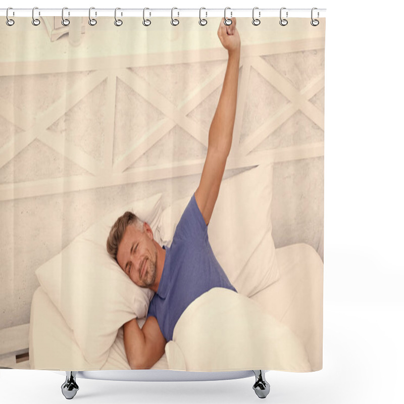 Personality  Better Sleep Better Life. World Sleep Day. Benefits Of Good Healthy Sleep. Breathe Easily Sleep Well. Handsome Man In Bed. Feeling Good At Home. Happy Satisfied Person. Perfect Morning Awakening Shower Curtains