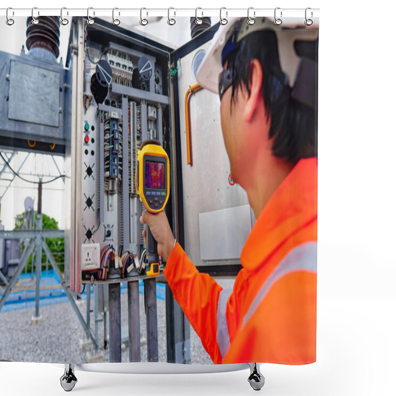 Personality  Electrical Engineers Used A Thermometer To Check For Faults In Equipment Sets, Also Known As Preventive Maintenance To Reduce The Damage Of Equipment, Concept To Professional Engineer On Industrial. Shower Curtains