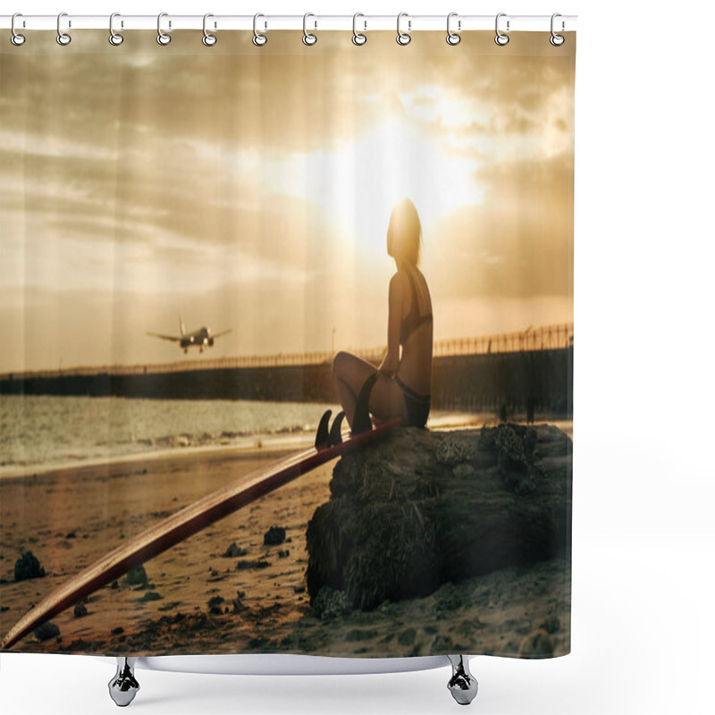 Personality  Woman Sitting On Rock With Surfboard On Beach At Sunset With Airplane In Sky Shower Curtains