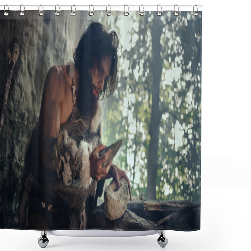 Personality  Primeval Caveman Wearing Animal Skin Holds Sharp Stone And Makes First Primitive Tool For Hunting Animal Prey, Or To Handle Hides. Neanderthal Using Handax. Dawn Of Human Civilization Shower Curtains