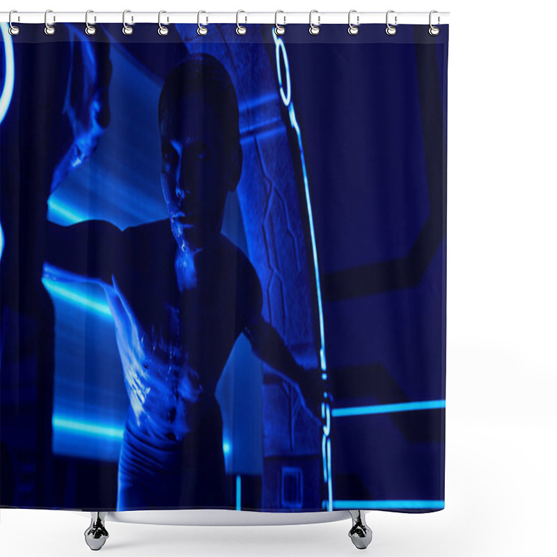 Personality  Scientific Breakthrough, Humanoid Alien Looking Out High-tech Device In Discovery Center Shower Curtains