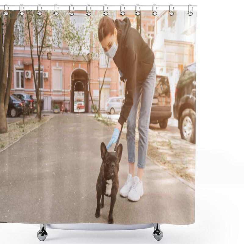 Personality  Young Woman In Medical Mask Touching Cute French Bulldog On Street  Shower Curtains