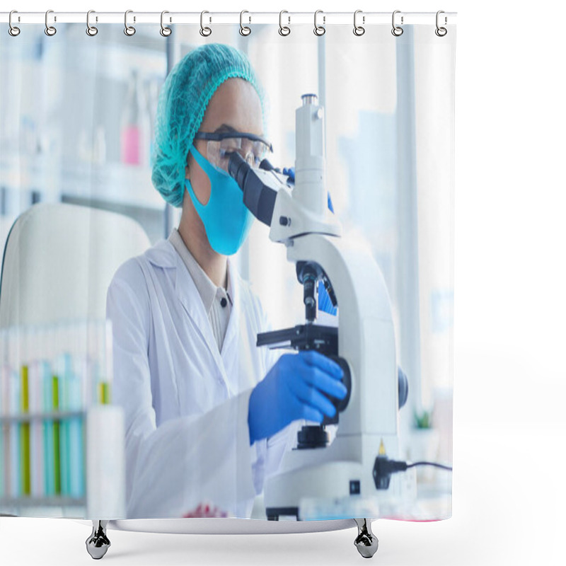 Personality  Side View Portrait Of Female Scientist Looking In Microscope While Working On Research In Medical Laboratory, Copy Space Shower Curtains