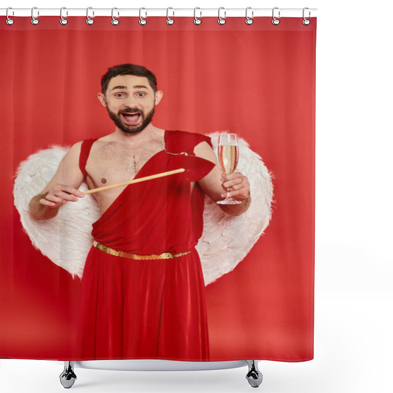 Personality  Thrilled Bearded Cupid Man With Heart-shaped Arrow And Champagne Glass Looking At Camera On Red Shower Curtains