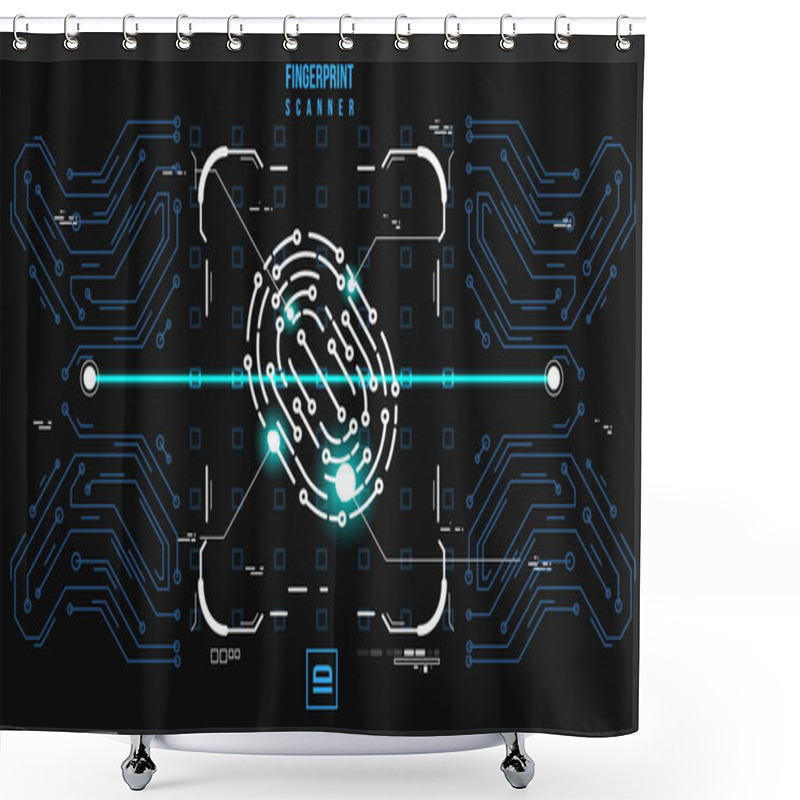 Personality  Finger-print Scanning Identification System. Biometric Authorization And Business Security Concept. Illustration With Futuristic HUD UI Elements. Shower Curtains