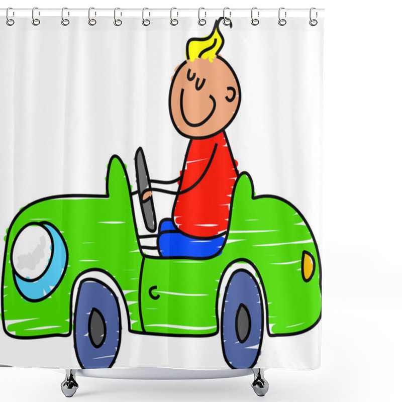 Personality  Cartoon Of Cute Boy In Toy Car Shower Curtains