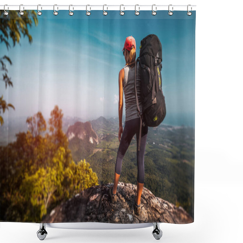 Personality  Woman Hiker With Big Backpack Stands On The Rock And Enjoys The Valley View Shower Curtains