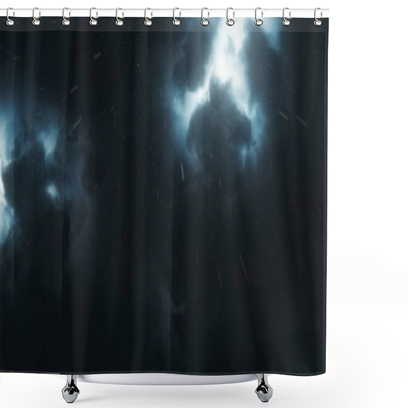 Personality  Brightly Sparkling Lightning Breaks Through The Dense Storm Clouds In The Night. Epic Flash Of Lightning In The Sky In The Rain. Rain Spray Fly Into The Camera. 3d Illustration Shower Curtains