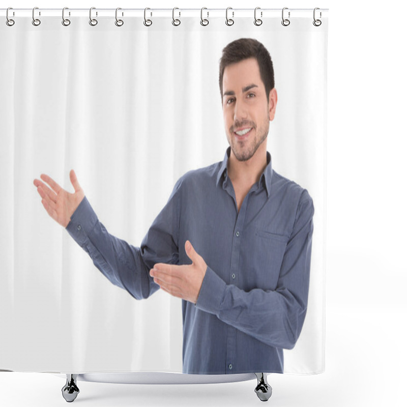 Personality  Smiling Business Man Presenting Isolated Over White Background. Shower Curtains