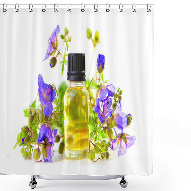 Personality  Meadow Geranium Essential Oil In  Beautiful Bottle On White Back Shower Curtains