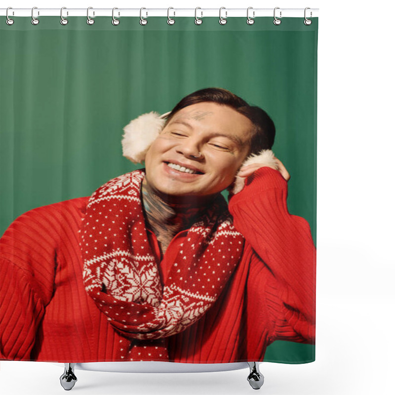 Personality  A Young Man Wearing A Red Sweater And Festive Scarf Smiles Happily Against A Green Backdrop. Shower Curtains