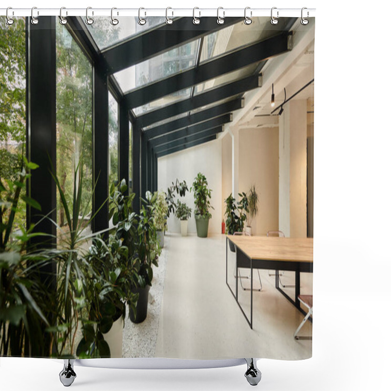 Personality  Interior Photo Of Modern Minimalistic Conference Room With Office Table And Green Plants In Pots Shower Curtains