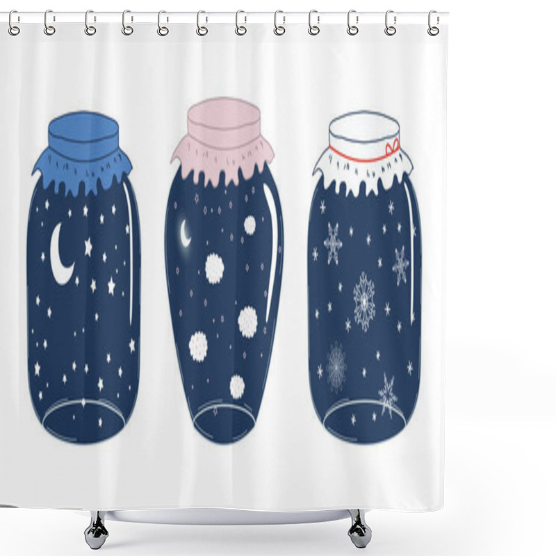 Personality  Set Of Glass Jars With Cartoon Moon, Stars, Clouds, Snowflakes Inside Shower Curtains