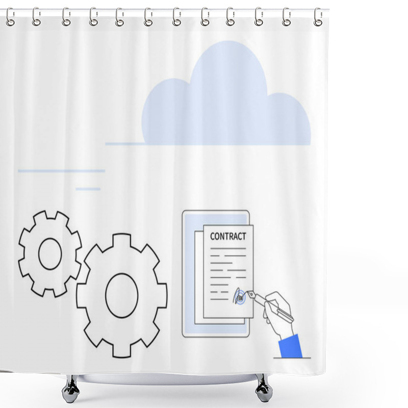 Personality  Hand Signing A Contract On A Digital Document With Gears And A Cloud Symbol. Ideal For Business Agreements, Digital Signatures, Process Optimization, Cloud Services, Automation, Online Contracting Shower Curtains