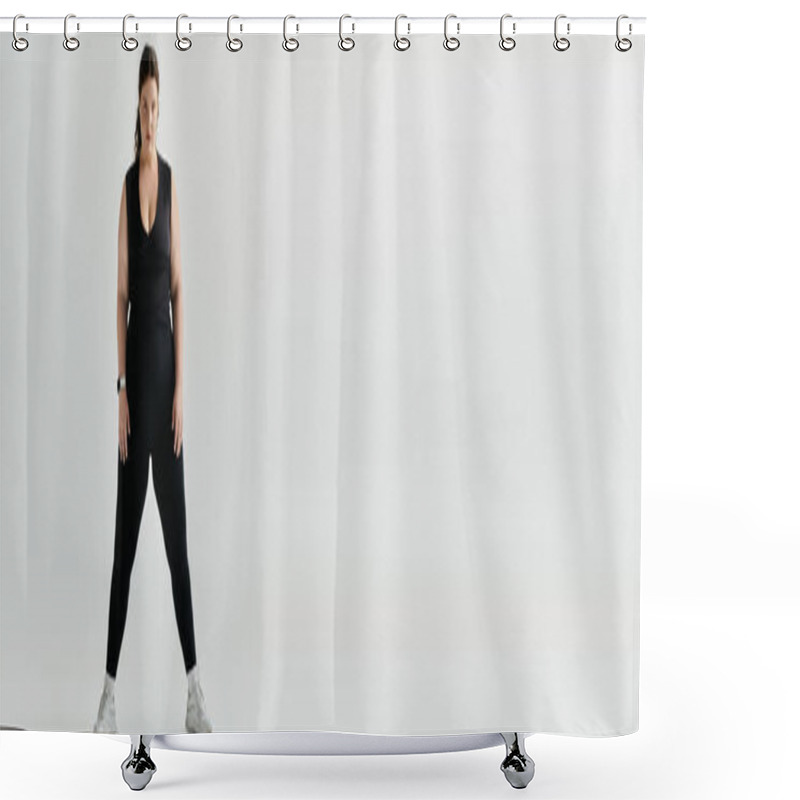 Personality  A Stylish Plus Size Woman Exudes Confidence While Posing In Sleek Black Attire, Standing Tall. Shower Curtains