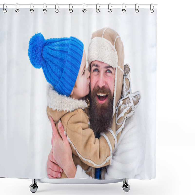 Personality  Happy Family Son Hugs His Dad On Winter Holiday. Daddy And Boy Smiling And Hugging. Merry Christmas And Happy New Year. The Morning Before Christmas. Happy Father And Son - Winter Portrait. Shower Curtains