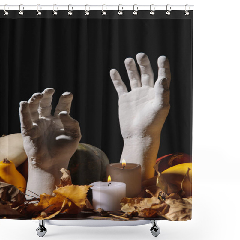 Personality  Dry Foliage, Burning Candles, Ripe Pumpkins And Decorative Hands On Wooden Rustic Table Isolated On Black Shower Curtains