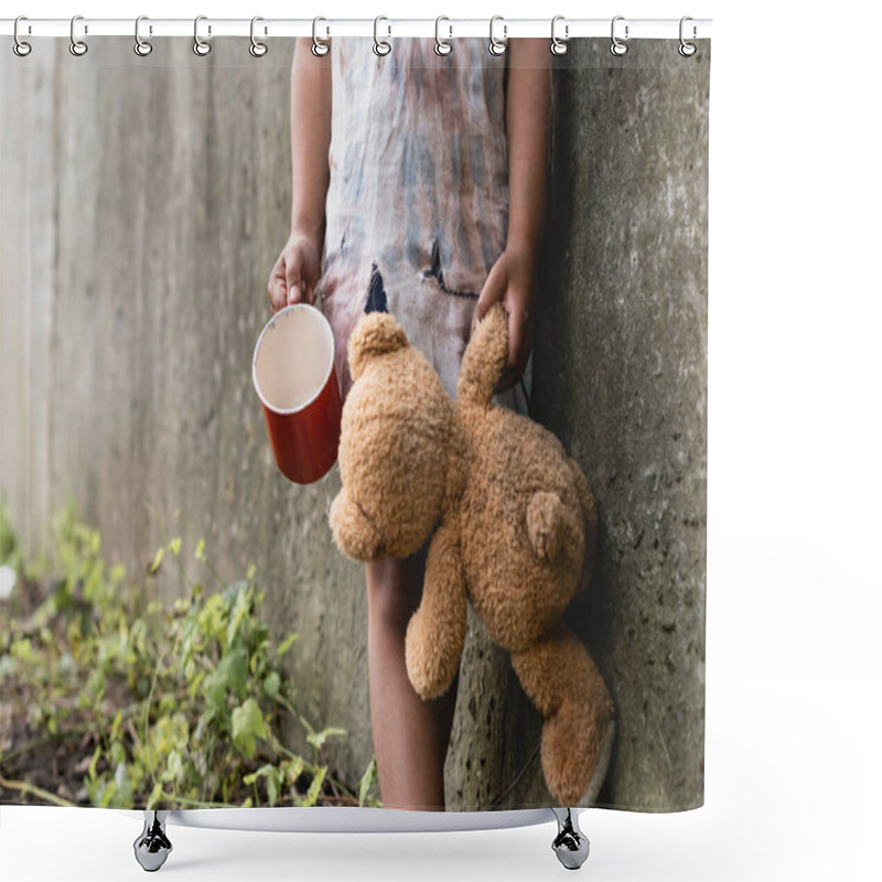 Personality  Cropped View Of Beggar African American Child Holding Teddy Bear And Cup Near Concrete Wall On Urban Street  Shower Curtains