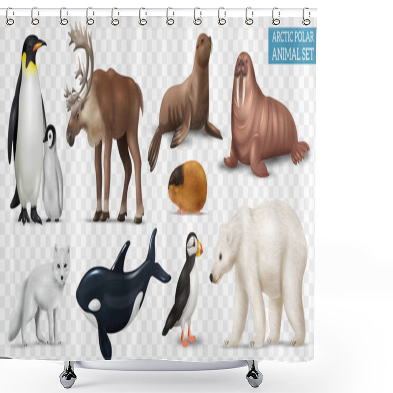 Personality  Arctic Animals And Birds Realistic Set With Polar Bear Penguins Walrus Puffin Lemming Isolated On Transparent Background Vector Illustration Shower Curtains