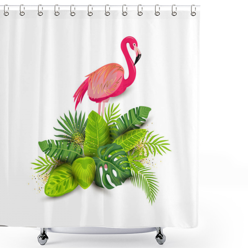 Personality  Pink Flamingo And Tropical Leaves Vector Illustration Isolated On White Background. Design Element For Tropical Party, T-shirt Design, Banner, Poster, Web, Invitation. Shower Curtains