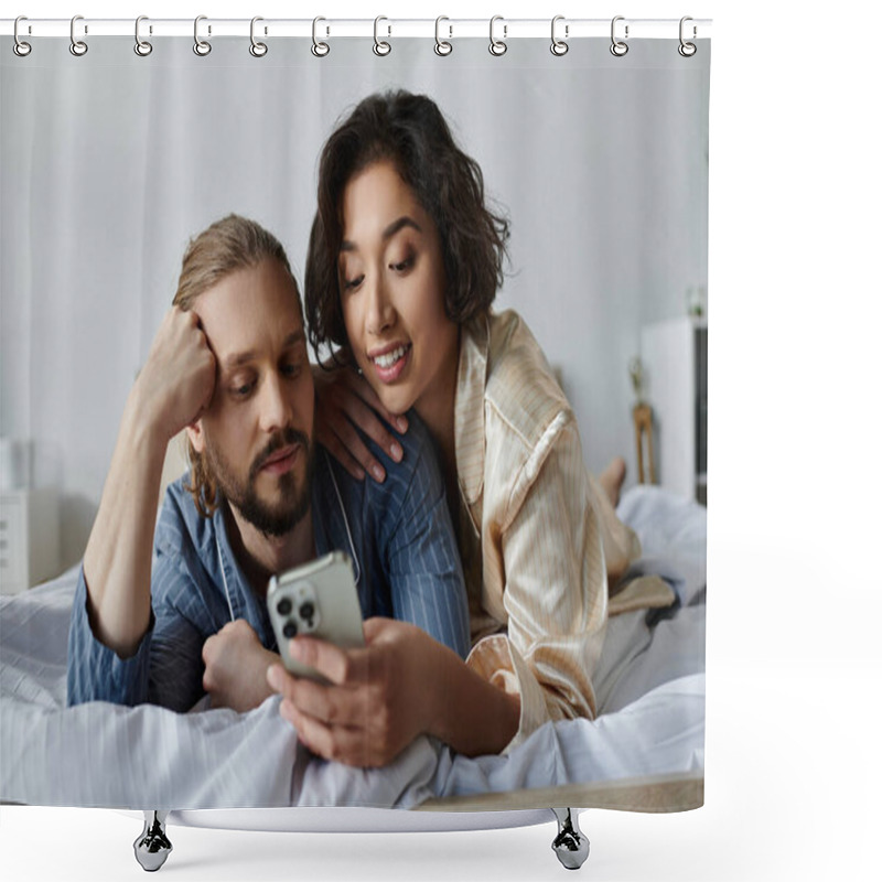 Personality  Woman Snuggles In Bed, Resting Head On Partners Shoulder As He Scrolls Phone. Shower Curtains