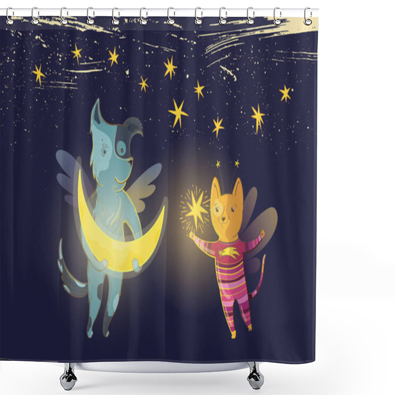 Personality  Vector Childrens Fairy Illustration With Dreamy Dog And Cat, Moon And Star On A Background Of Starry Sky. Shower Curtains