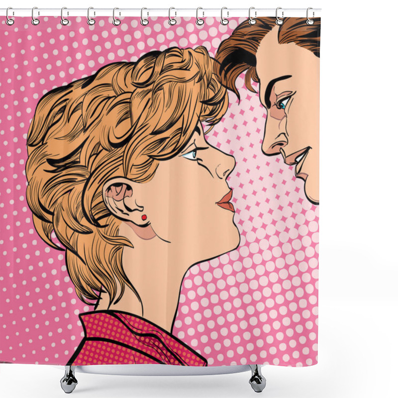 Personality  Lovers Couple Kissing, Romantic Kiss. Romance Valentine's Day Illustration. Happy Valentine's Day. Concept Idea Of Advertisement And Promo. Halftone Background. Pop Art Retro Style Illustration. Shower Curtains