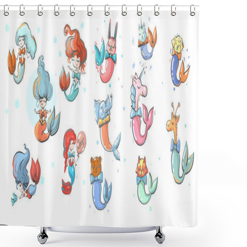 Personality  Mermaids Girls And Animals With Fish Tails Vector Illustration Shower Curtains