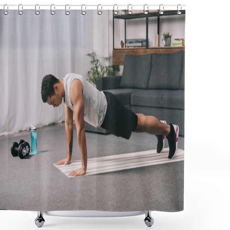 Personality  Bi-racial Man Doing Push Ups In Sportswear On  Fitness Mat Shower Curtains