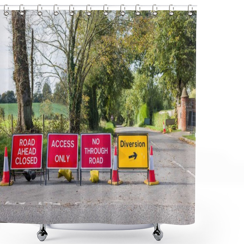 Personality  Road Closed Signs On A UK Country Road With Yellow Diversion Sign Shower Curtains