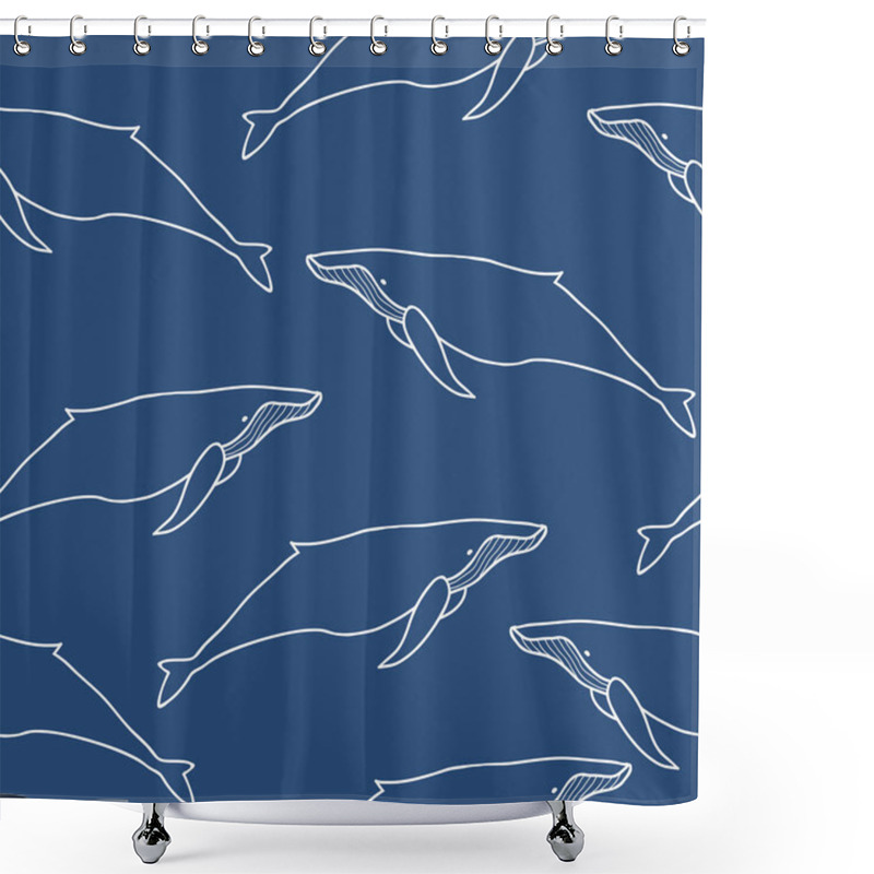 Personality  Hand Drawn Outline Whales On Blue Seamless Pattern Shower Curtains