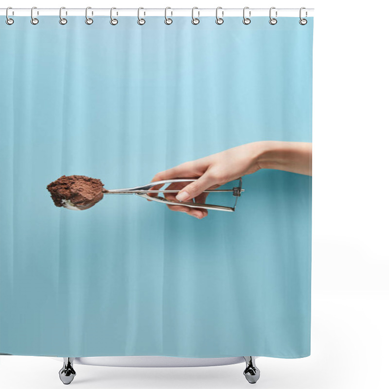 Personality  Cropped View Of Woman Holding Scoop With Chocolate Ice Cream On Blue Background Shower Curtains