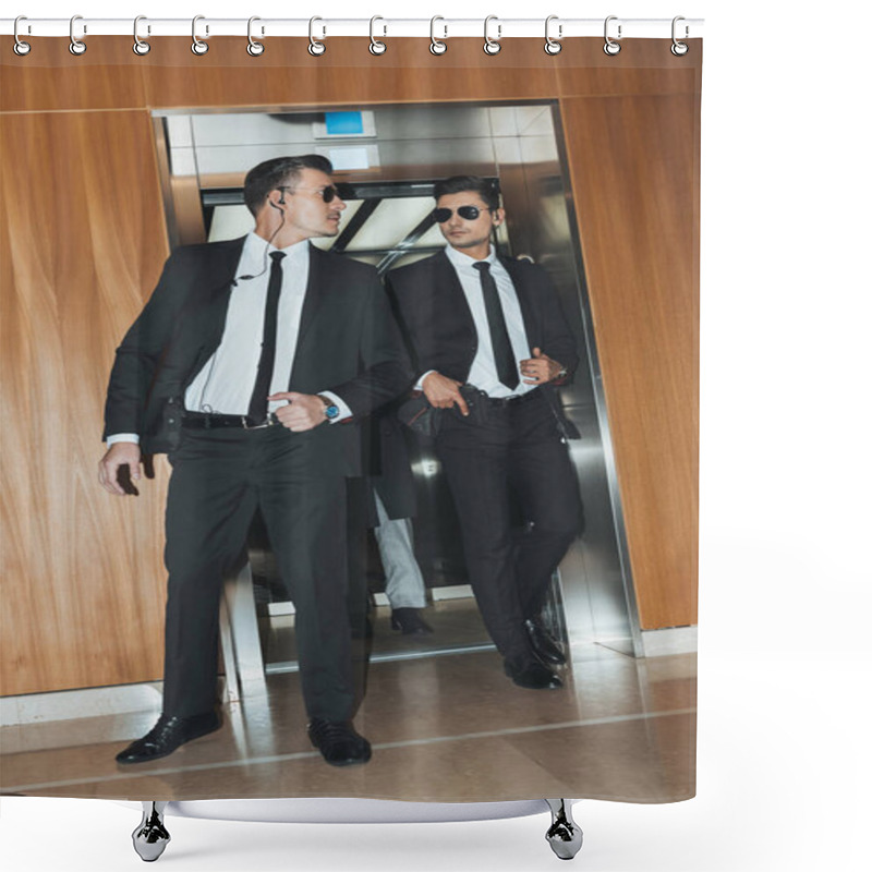 Personality  Bodyguards Reviewing Territory When Going Out From Elevator With Businessman  Shower Curtains