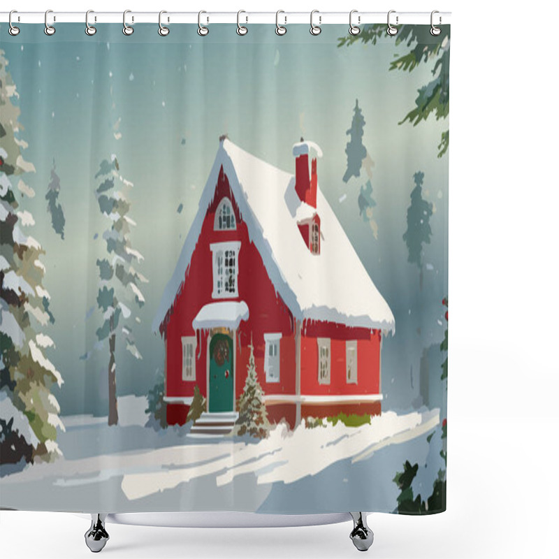 Personality  Illustration Of A Red House In The Winter Forest Shower Curtains